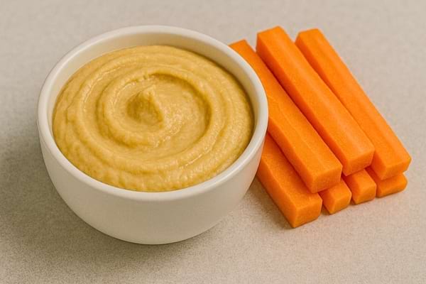 Houmous dans un bol blanc avec bâtonnets de carotte orange.