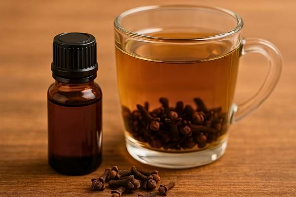 Tasse d’infusion de clous de girofle avec flacon d’huile.