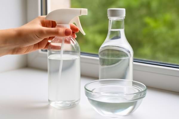 Un spray, une bouteille de vinaigre et un bol d’eau sont posés près d’une fenêtre.  