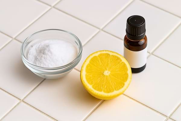 Bol de poudre blanche, demi-citron et flacon d&rsquo;huile essentielle. 