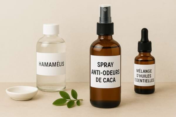 Trois ingrédients alignés pour fabriquer un spray anti-odeurs.