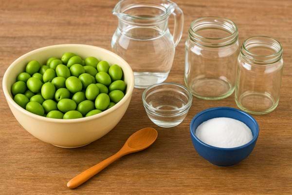 Un bol d’olives et les ingrédients nécessaires à la préparation.