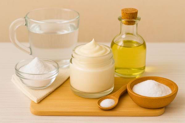 Un pot de crème est entouré de bicarbonate, eau et huile pour la préparation.