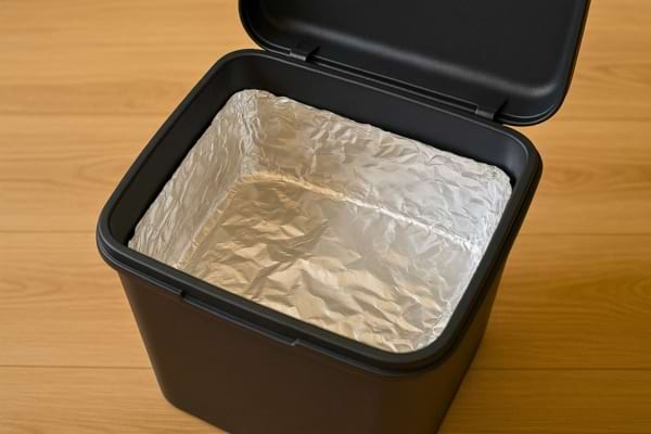 Poubelle propre tapissée de papier aluminium.