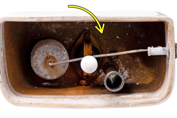 Intérieur d’un réservoir de WC encrassé.