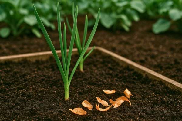 Des pousses vertes d’ail poussent dans un carré potager avec des pelures au sol.