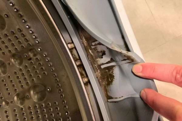 Doigt montrant un joint de lave-linge sale avec moisissures visibles.