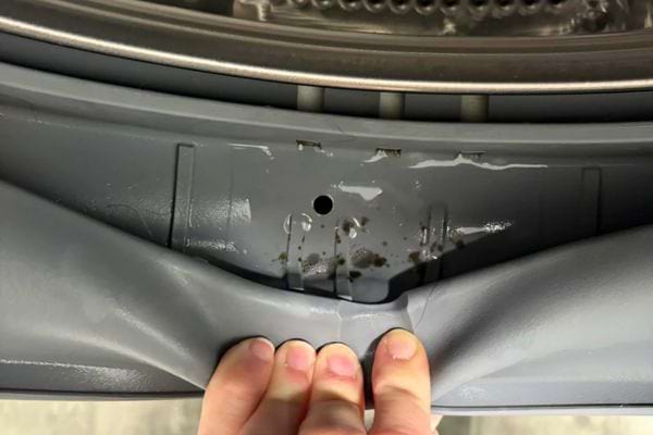 Main écartant un joint de lave-linge montrant taches et saletés.