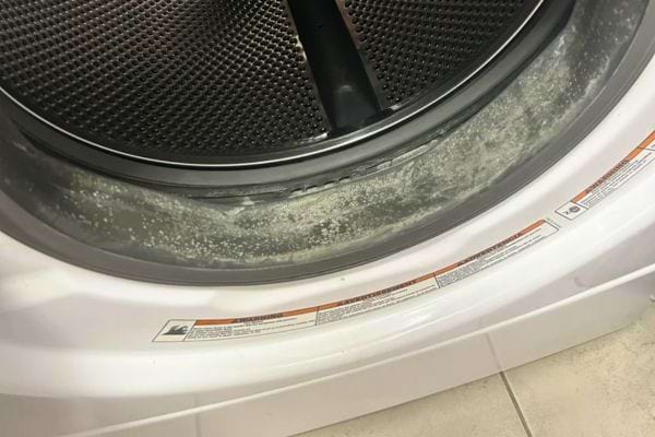 Joint de machine à laver couvert de dépôts et résidus visibles.