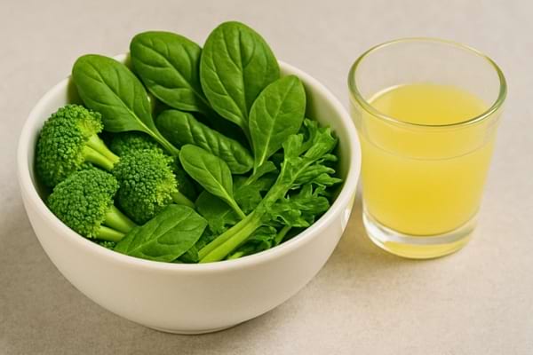 Bol de brocoli, épinards, persil et verre de jus jaune clair.