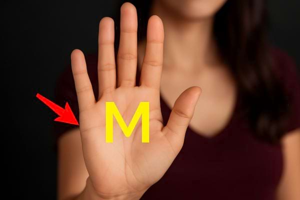 Une paume ouverte avec un M jaune et une flèche rouge pointant.