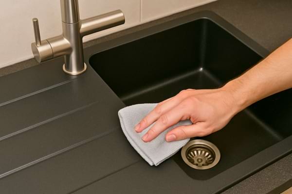 Une main essuie soigneusement un évier noir avec un chiffon gris.