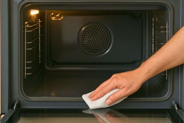 Main nettoyant l’intérieur d’un four avec un chiffon.