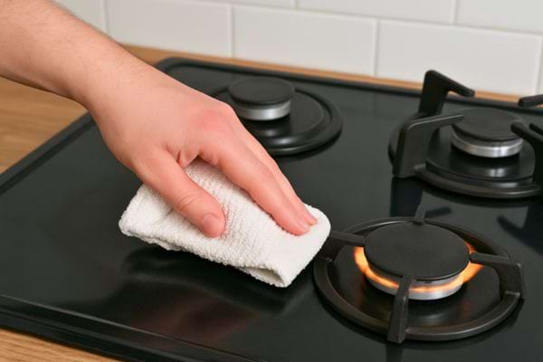 Main essuyant un brûleur de gaz allumé.