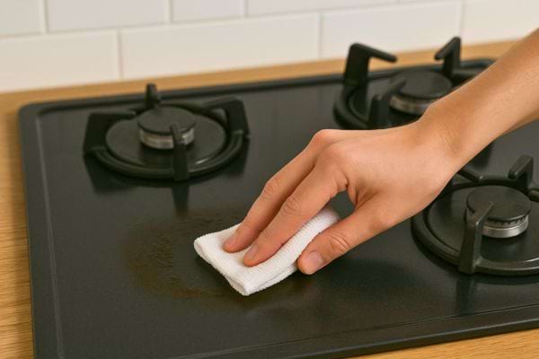 Main frottant une plaque de cuisson tachée.