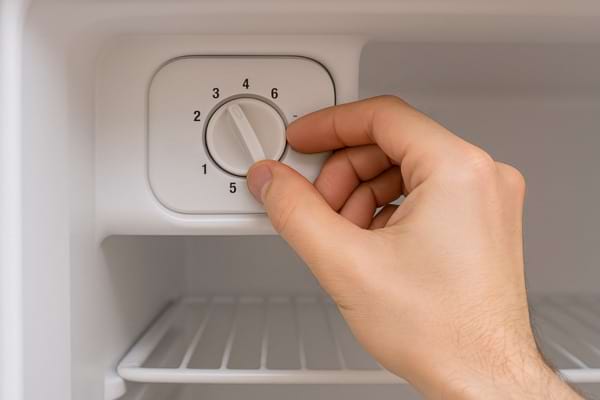 Main tournant le bouton de réglage de température d’un frigo.