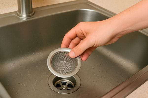 Une main place un petit filtre métallique dans l’évier pour retenir les déchets.