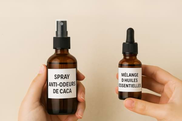 Deux flacons étiquetés tenus dans des mains.