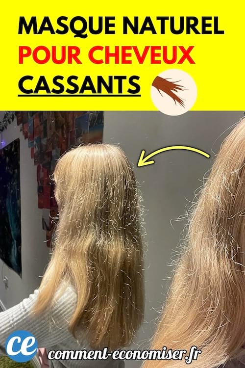 Une femme aux cheveux blonds longs et secs montrés de dos devant un miroir.