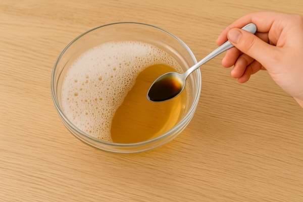 Une main tient une cuillère de savon noir dans un bol rempli de mousse.