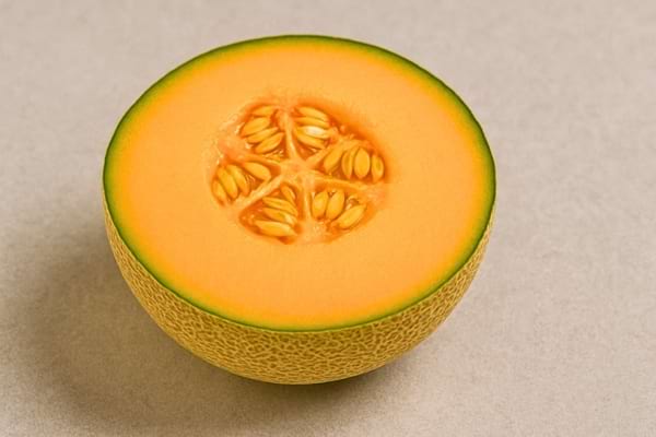 Melon cantaloup coupé en deux montrant les graines au centre.