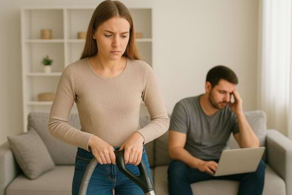 Une femme passe l’aspirateur d’un air préoccupé alors que son mari reste assis avec son ordinateur.