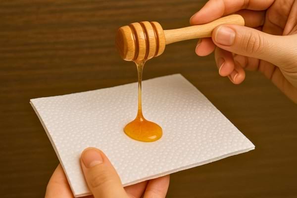 Miel versé sur une serviette en papier.
