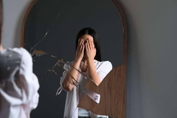 Une femme cache son visage devant un miroir brisé.