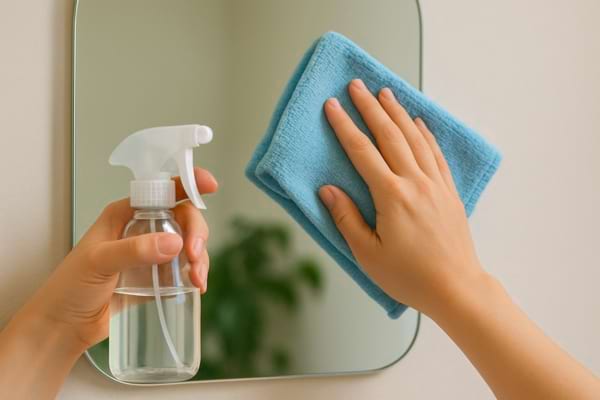 Une main nettoie un miroir avec un chiffon bleu et un spray transparent.