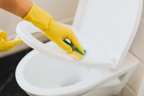 Nettoyage d’une cuvette de WC avec une éponge.