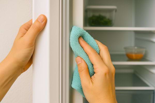 Une main nettoie le joint du frigo avec un chiffon en microfibre.