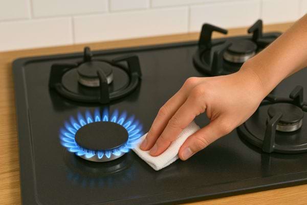 Main essuyant une plaque à gaz avec le feu allumé.