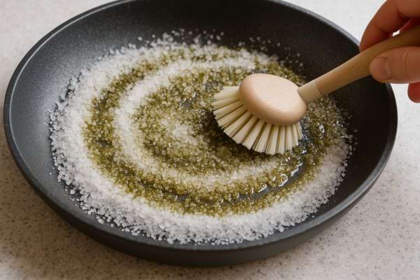 Poêle noire remplie de sel et huile frottée avec une brosse.