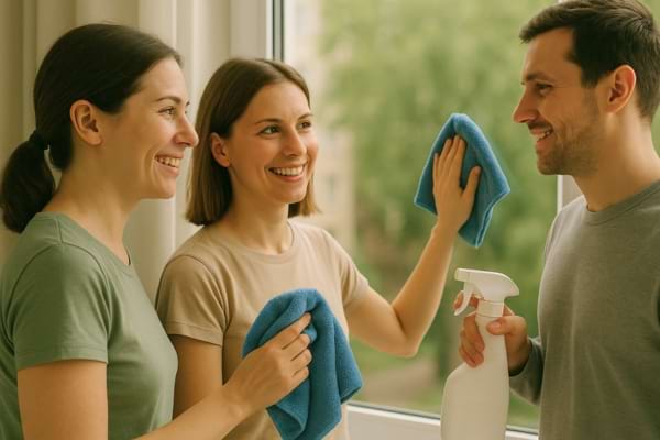 Trois personnes souriantes nettoient une fenêtre ensemble avec des chiffons bleus et un spray.
