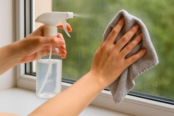 Une main vaporise un nettoyant sur une vitre pendant qu’une autre main l’essuie avec un chiffon gris.