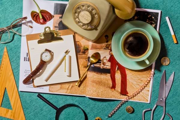 Objets vintage disposés sur une table.