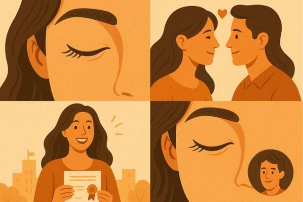 Femme aux yeux fermés, moments liés à l’amour et à la réussite.