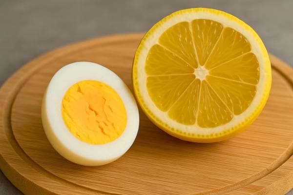 Un œuf dur coupé et un demi-citron posés sur une planche ronde.