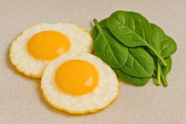 Deux œufs au plat avec feuilles d’épinards vertes à côté.