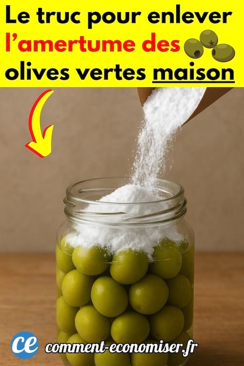 du bicarbonate versé sur des olives vertes dans un bocal