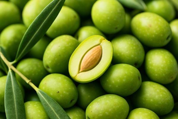 Des olives vertes fraîches dont une coupée en deux.