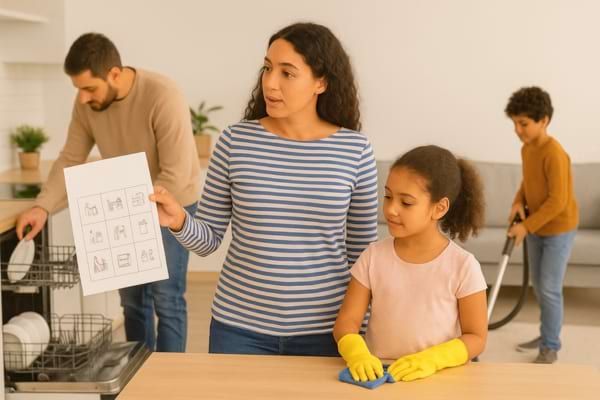 La famille s’organise pour répartir les tâches ménagères.