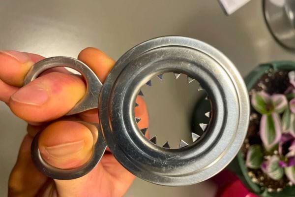 Vue rapprochée d’un outil denté pour couper les œufs.