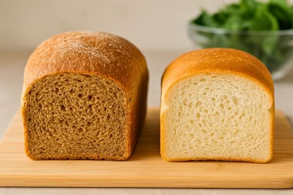 Pain complet et pain blanc entiers c&ocirc;te &agrave; c&ocirc;te. 