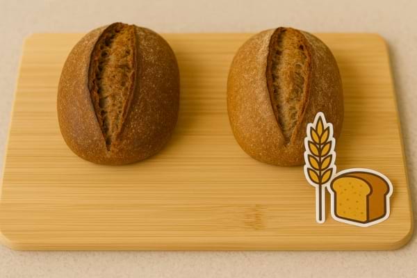 Deux petits pains complets pos&eacute;s sur une planche.