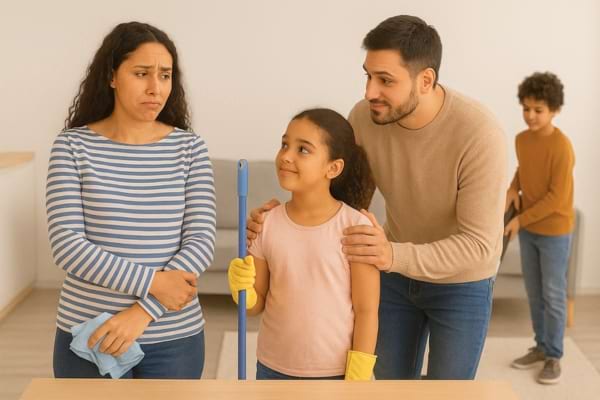 Des parents encouragent leur enfant pendant le ménage.