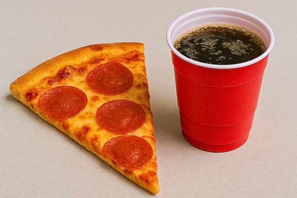 Part de pizza au pepperoni avec gobelet de soda dans un verre en plastique rouge.