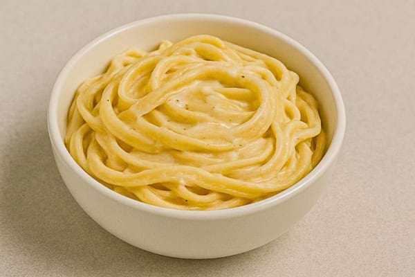 Bol de pâtes spaghetti avec sauce crémeuse au fromage.