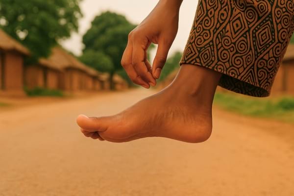 Pied levé avec main prête à gratter en extérieur.