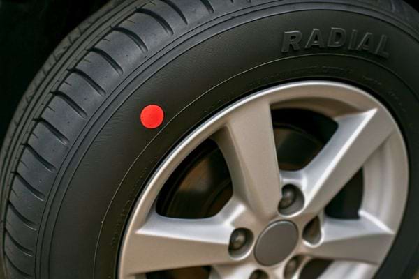 Un pneu noir marqué d’un point rouge sur le flanc.